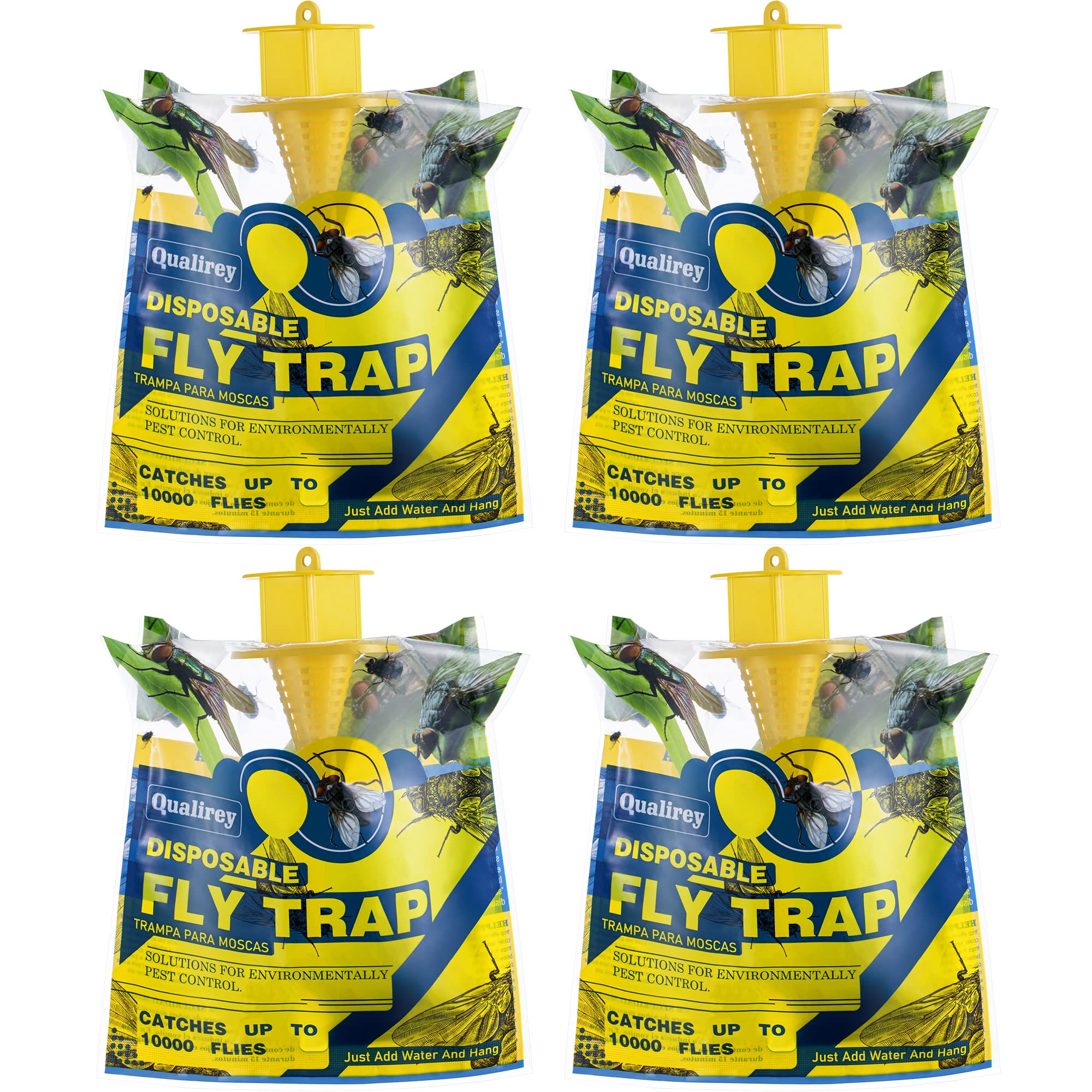 Qualirey 4 Pack Fly Traps Outdoor Hanging, Disposable Fly Killer Trap Bag Catcher for Outside Farms, Pastures, Chicken Coops, Stables, Barns, Horse, Garbage Cans, Garbage Ponds, Yard, Backyard, Patio