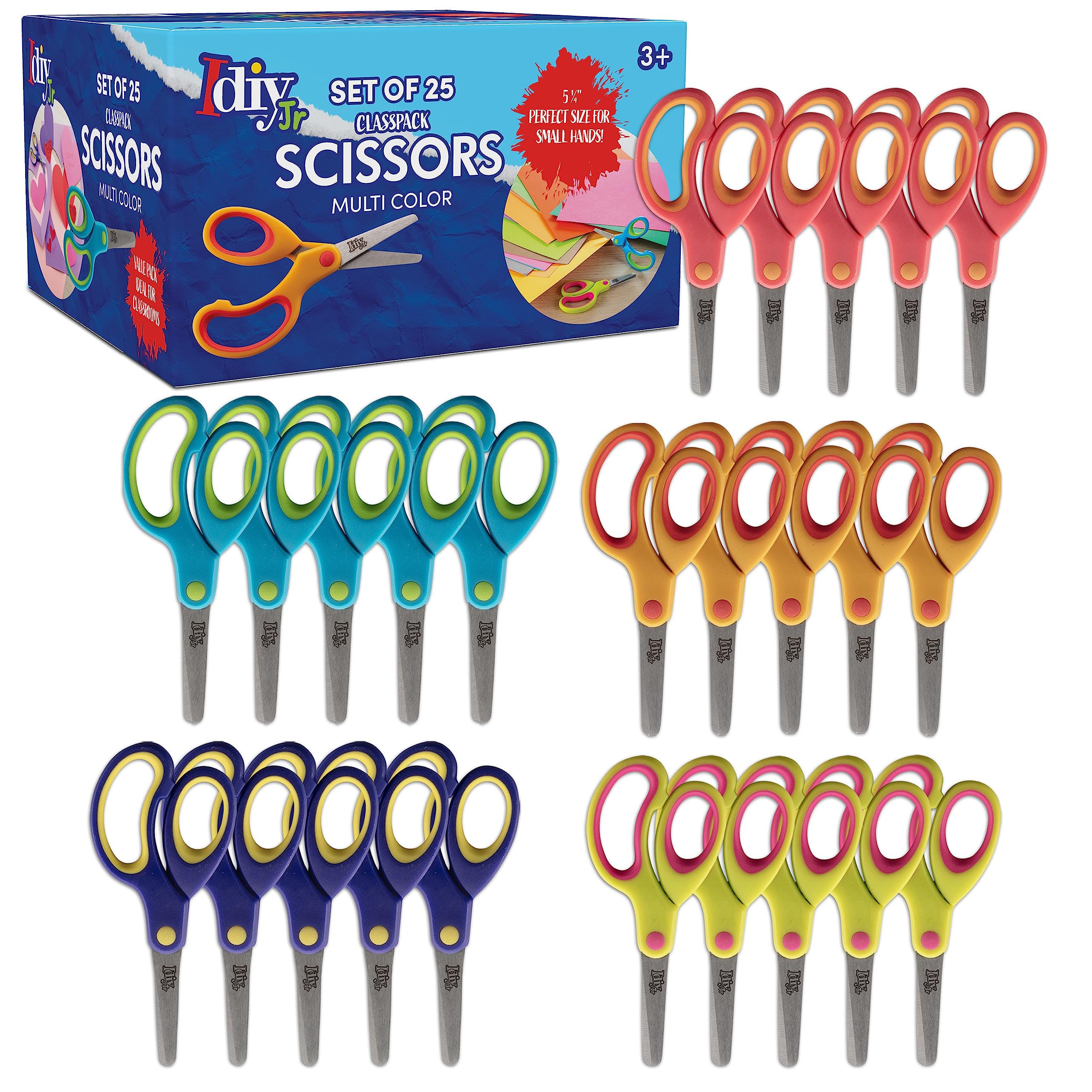 Idiy Kid's Scissors Class Value pack Value (25pc) - 5" Soft Grip Blunt Tip Safety Easy Cut Scissors-Elementary Projects, Summer Camps, Class Arts & Crafts Back to School Supplies for Children, Teacher