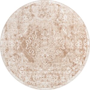 Rugs.com Oxford Collection Rug – 7' Round Beige Low Rug Perfect for Kitchens, Dining Rooms