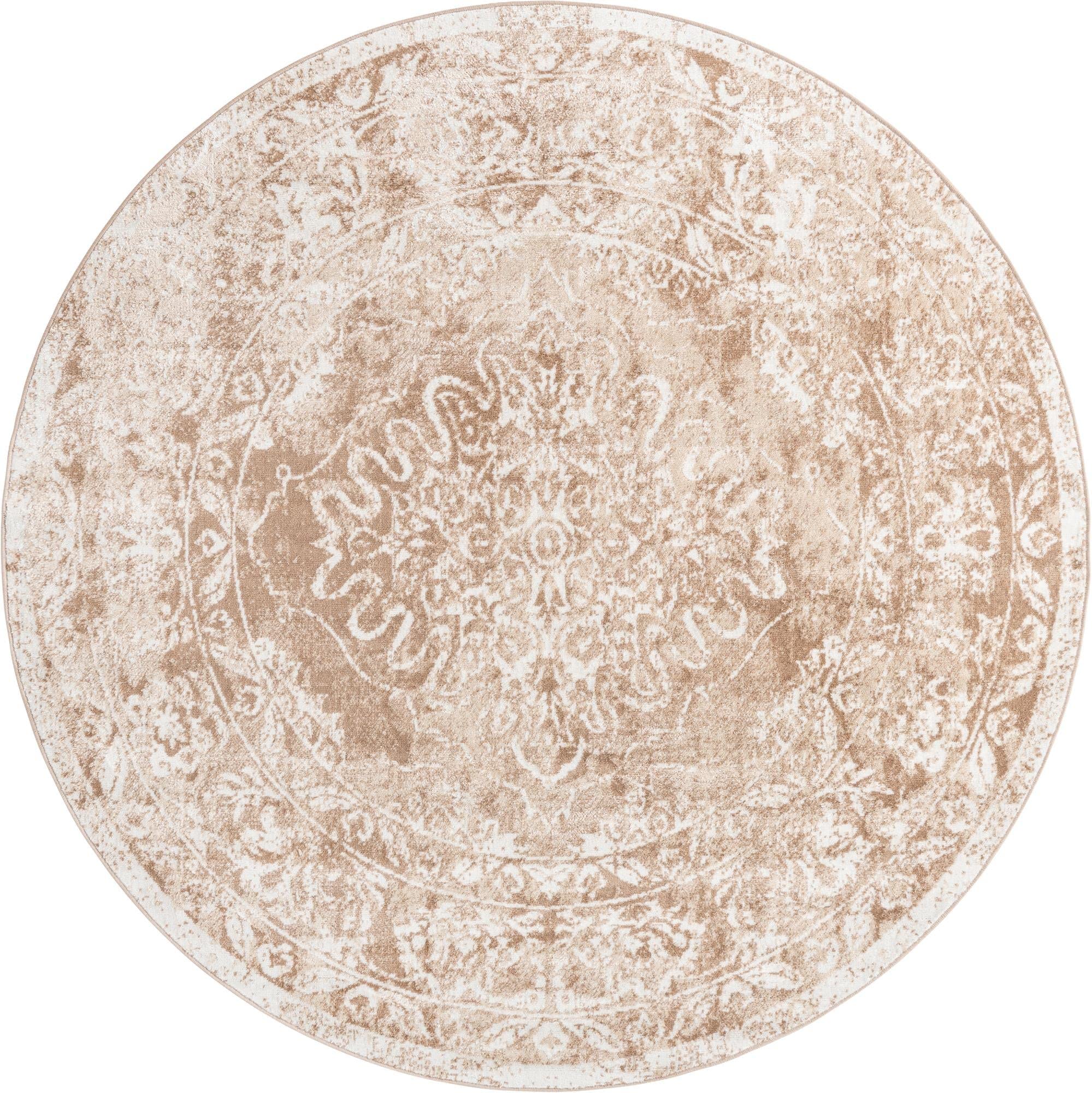 Rugs.com Oxford Collection Rug – 7' Round Beige Low Rug Perfect for Kitchens, Dining Rooms