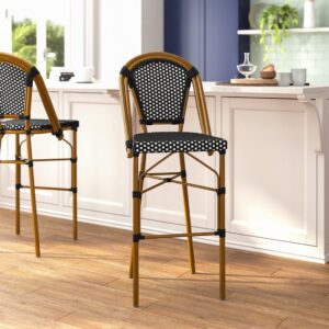 BizChair Set of 2 Stackable Indoor/Outdoor Bistro 30" High Barstools, Commercial Grade, Black/White and Bamboo Finish