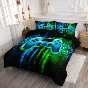 Datura home Video Gamer Comforter Set for Kids Teens Adults,Green Black Gamepad Modern Gamer Gaming Printed Bedding Set with 1 Comforter and 2 Pillowcases(Gamepad Green Full)