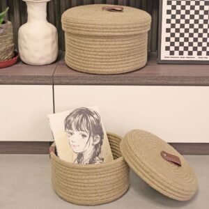 Aplolemo Jute Rope Basket with Lid,Decorative Woven Baskets with Lids,Leather Design Lidded Round Basket,Small Basket with lid,Storage Baskets with Lids-Set of 2（10"x6"/8.5"x5"）