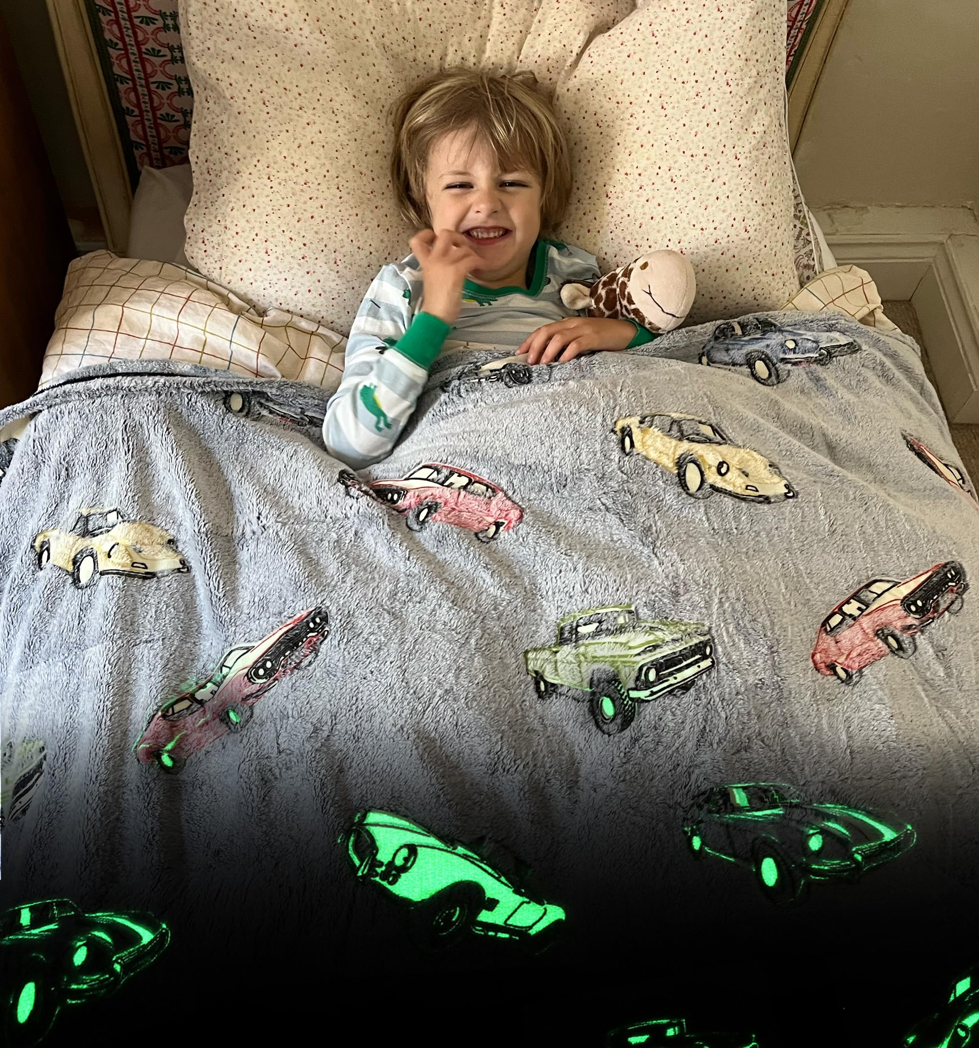 Kids Glow in The Dark Blanket - Kids Fleece Blankets for Girls & Boys - Soft Plush Kids Throw Blanket 50"x60" - Cars