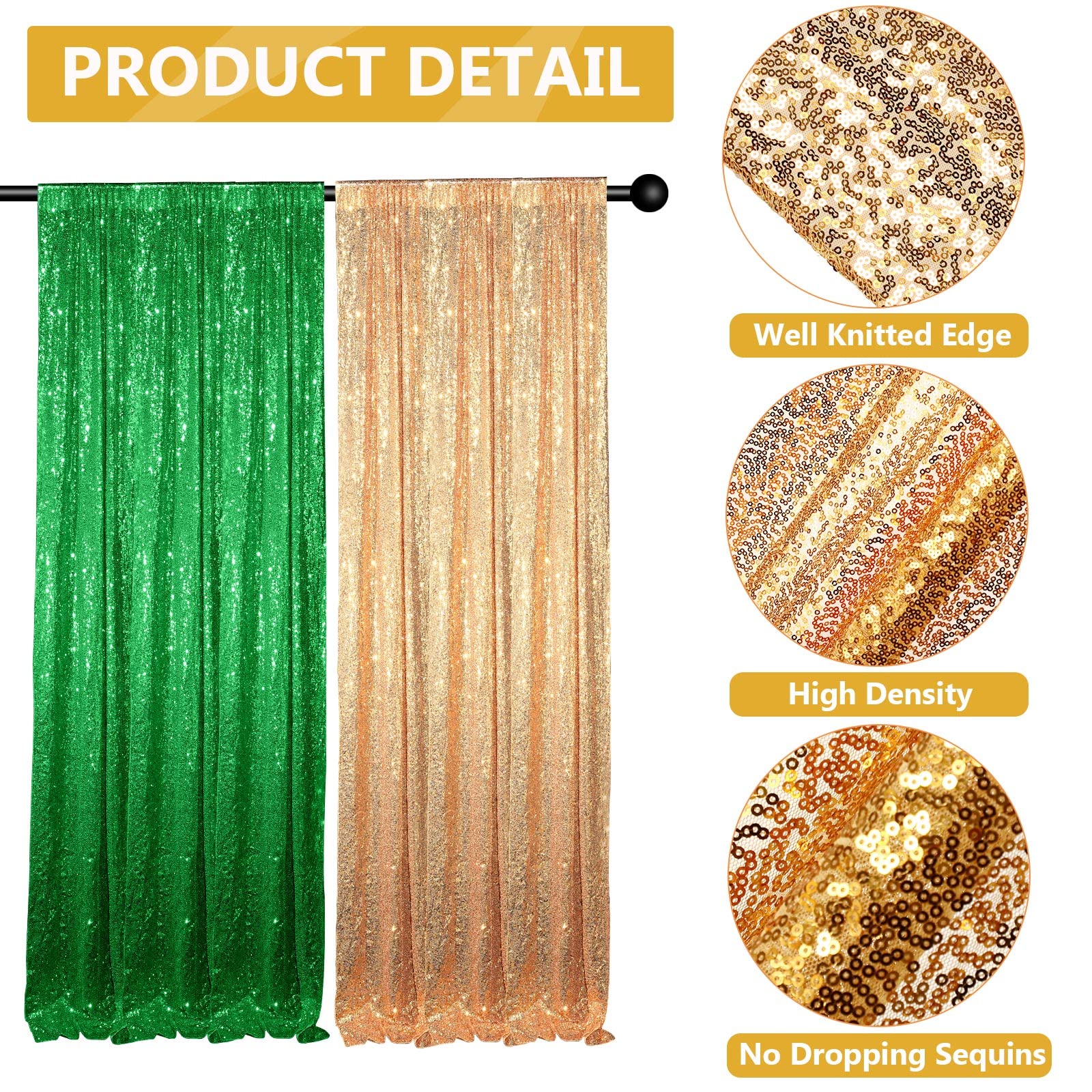 4 Panels Green Gold Sequin Backdrop Curtain 2 ft x 8 ft Glitter Background Sparkle Photography for Party Congrats Grad Graduation Party Decorations, Birthday, Wedding