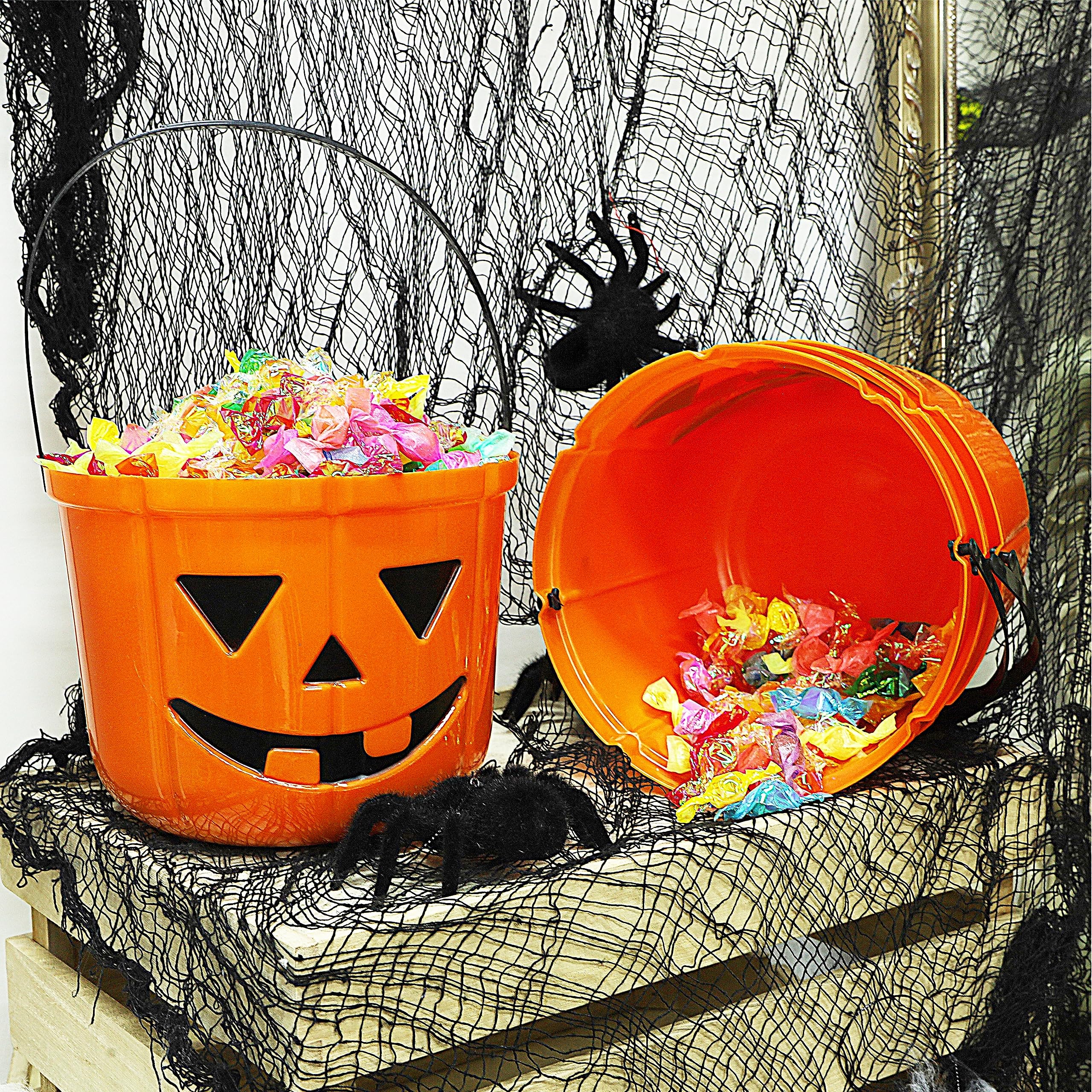 Zcaukya 6 Packs Halloween Candy Buckets, 7.1" x 5.5" Plastic Jack-O-Lantern Pails with Handle, Portable Pumpkin Monster Baskets for Halloween Party Supplies Trick or Treat Activities, Orange