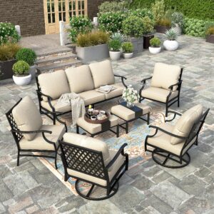 hera's house 7 piece patio furniture set, 2 x swivel chair, 2 x fixed chair, 2 x ottoman, 1 x 3-seat sofa, all cushioned outdoor conversation set for lawn garden backyard