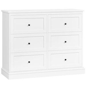 FOTOSOK White Dresser, 6 Drawer Dresser White, Modern Double Chest with Deep Drawers, Wide Storage Organizer Cabinet for Living Room Home