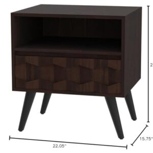 Bme Georgina Solid Wood Nightstand With 1 Drawer & Open Shelf- Fully Assembled Mid Century Modern Side Table - Geometric Pattern Bedside Dresser for Bedroom and Living Room