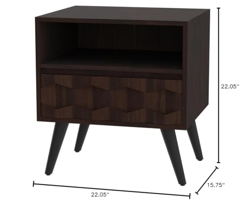 Bme Georgina Solid Wood Nightstand With 1 Drawer & Open Shelf- Fully Assembled Mid Century Modern Side Table - Geometric Pattern Bedside Dresser for Bedroom and Living Room