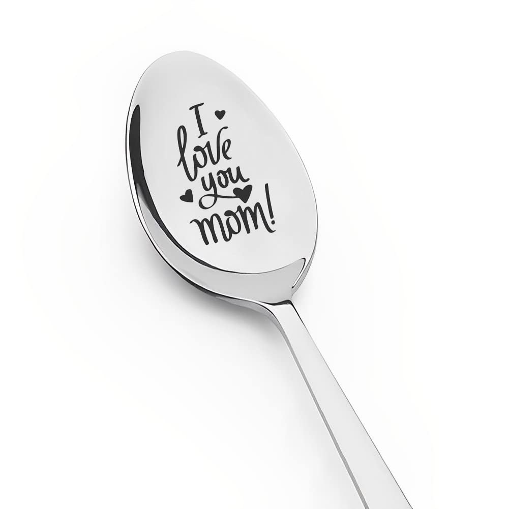 I Love You Mom Spoon Engraved Stainless Steel for Mom Mother Coffee Tea Lover Gift, Best Mom Mother Mommy Gifts for Birthday Mothers Day Christmas Presents