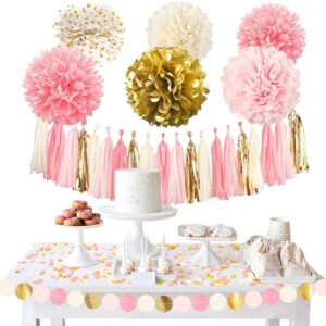 aobkiat baby shower birthday party decorations for girl,28 pcs pink gold tissue paper pom poms,dots paper garland,tassel galand,hanging backdrop for bridal showers,wedding party supplies