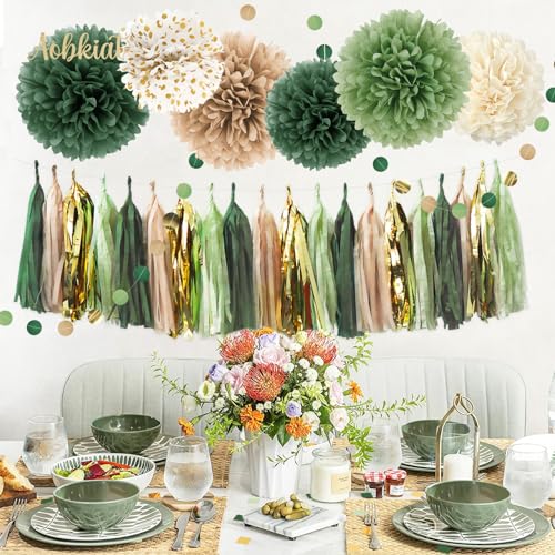 AOBKIAT Sage Green Wedding Party Decorations,28 PCS Tissue Paper Pom Poms,Circle Dots Garland Paper Tassels Hanging Backdrop for Girl Women Birthday,Bridal Baby Shower,Boho Wedding Party Supplies