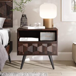 bme georgina solid wood nightstand with 1 drawer & open shelf- fully assembled mid century modern side table - geometric pattern bedside dresser for bedroom and living room