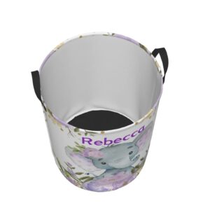 Purple Floral Elephant Personalized Laundry Hamper Custom with Name Collapsible Waterproof Storage Basket with Handles for Bedroom Clothes Toys.