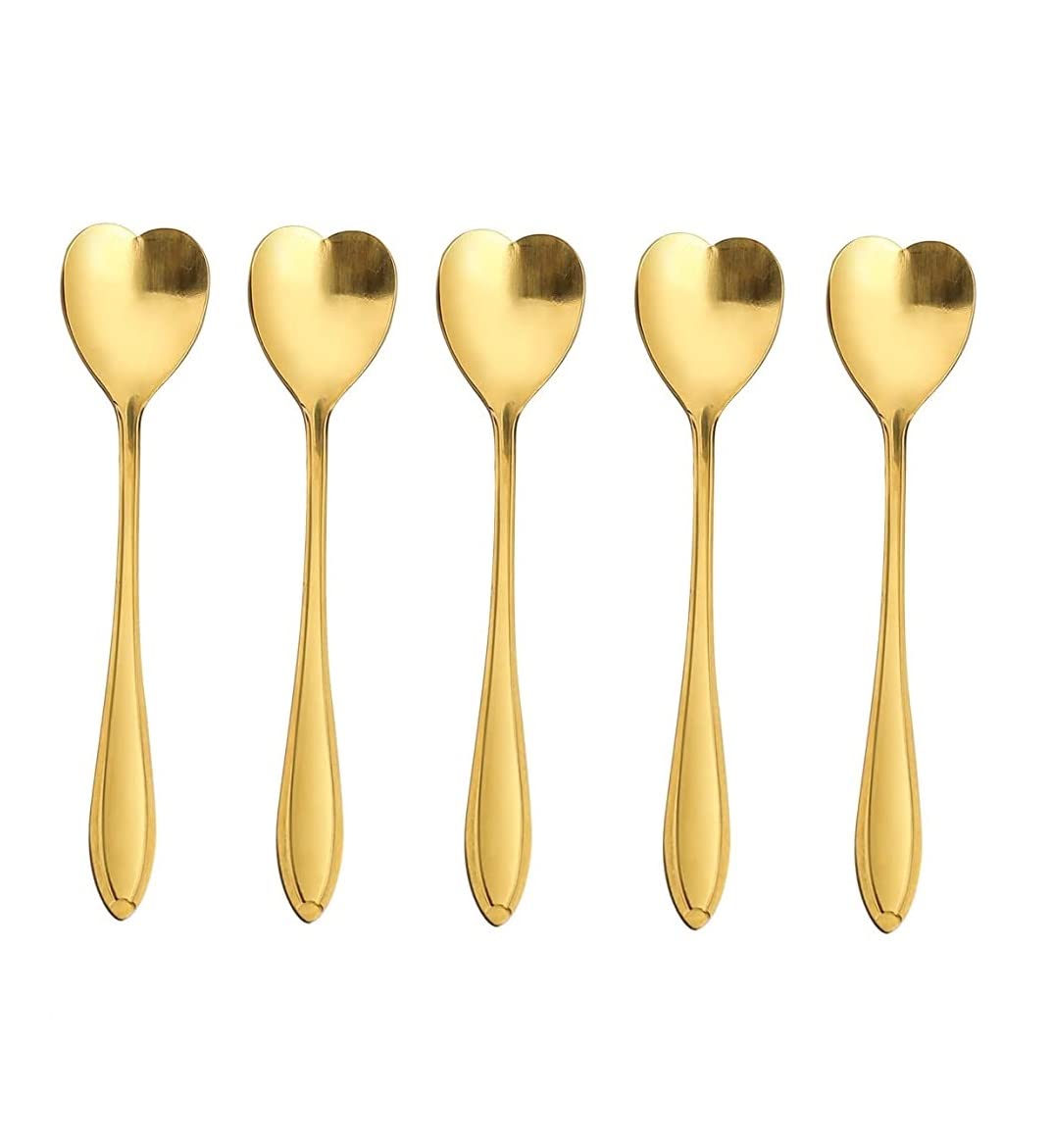 Set of 10 Heart-Shaped Gold Stainless Steel Spoons for Coffee, Desserts, and Tea - Ideal for Sugar, Stirring, Ice Cream, and Cake 5inch