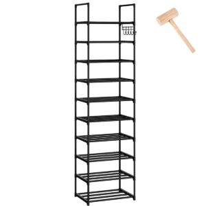 ziljj metal shoe rack 10 tiers tall narrow shoe rack for closet entryway, space saving shoe shelf organzier storage for 20-24 pairs, sturdy stackable shoe rack with hooks