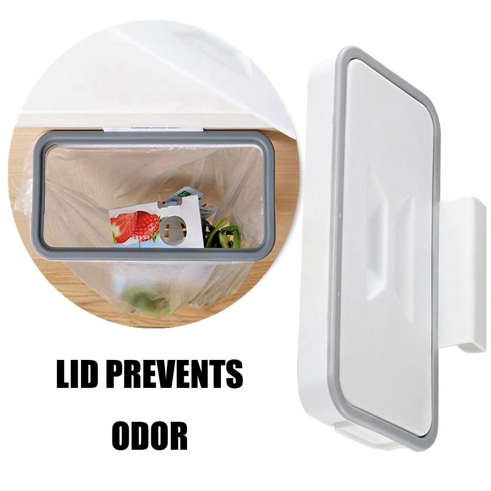 LIUHUIZEYU Portable Trash Bag Holder, Hanging Garbage Bag Holder,Over The Cabinet Plastic with Lid Kitchen Garbage Bags Storage Rack Trash Bin (1 pcs)