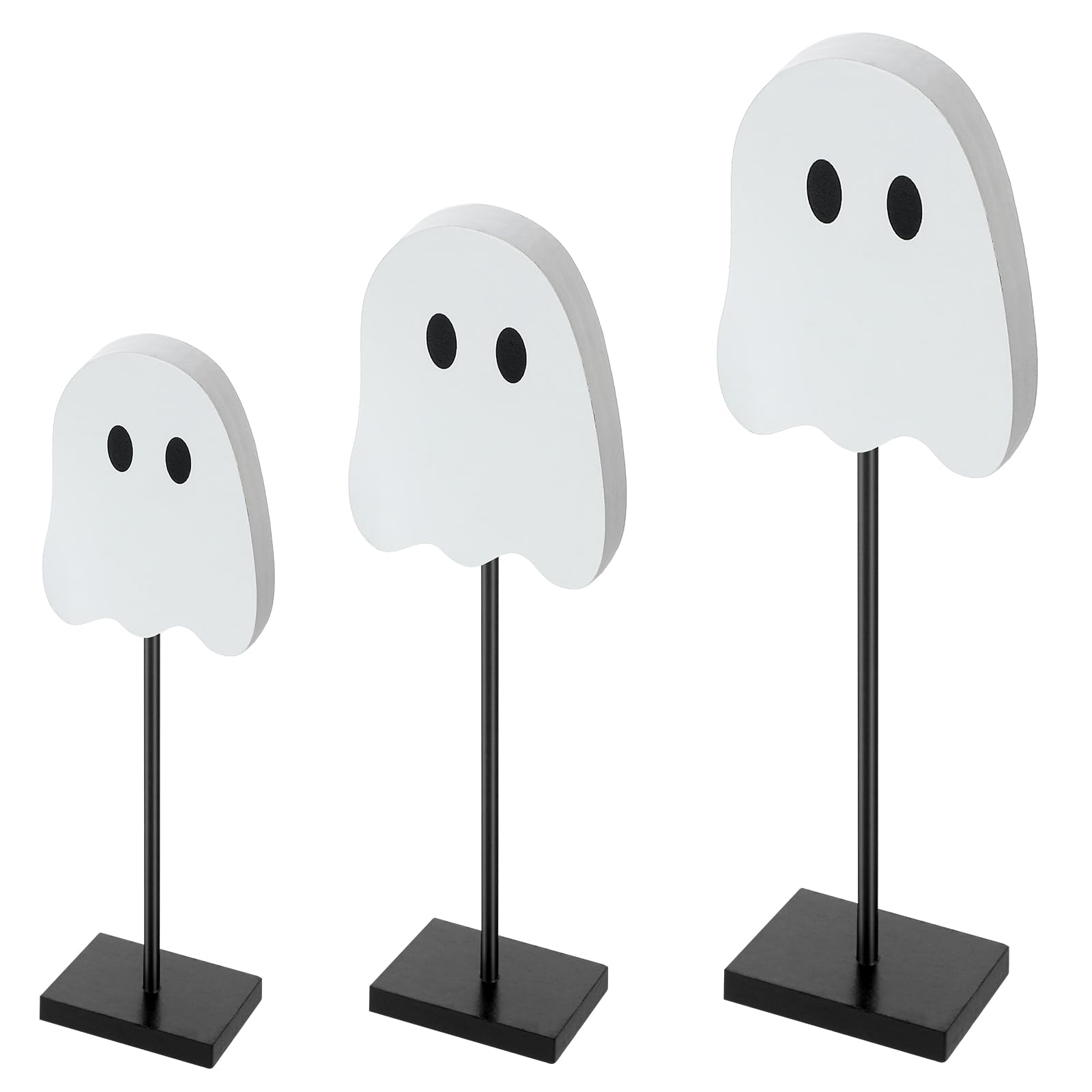 Chitidr 3 Pcs Halloween Standing Table Decor Wood Tiered Tray Table Decorations Ghost Table Centerpiece Tall Block Sign Set for Halloween Party Home (White)