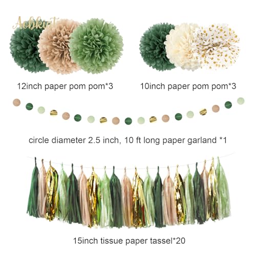 AOBKIAT Sage Green Wedding Party Decorations,28 PCS Tissue Paper Pom Poms,Circle Dots Garland Paper Tassels Hanging Backdrop for Girl Women Birthday,Bridal Baby Shower,Boho Wedding Party Supplies