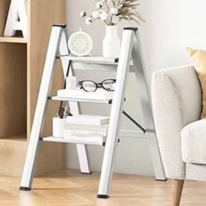 LIYIVNAA 3 Step Ladder Folding Step Stool with Anti-Slip Wide Pedal 330lbs Capacity Lightweight Portable Aluminum Silver Stepladder Household Tool for Home Kitchen Office