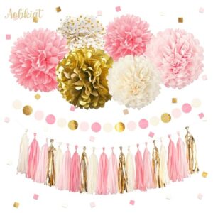 AOBKIAT Baby Shower Birthday Party Decorations for Girl,28 PCS Pink Gold Tissue Paper Pom Poms,Dots Paper Garland,Tassel Galand,Hanging Backdrop for Bridal Showers,Wedding Party Supplies