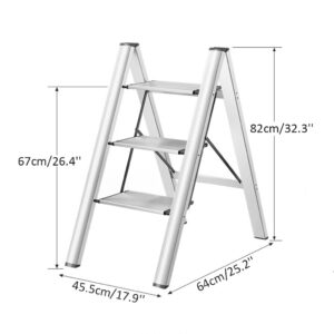 LIYIVNAA 3 Step Ladder Folding Step Stool with Anti-Slip Wide Pedal 330lbs Capacity Lightweight Portable Aluminum Silver Stepladder Household Tool for Home Kitchen Office