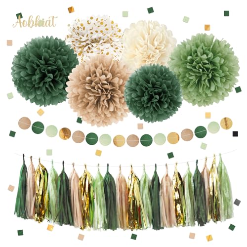 AOBKIAT Sage Green Wedding Party Decorations,28 PCS Tissue Paper Pom Poms,Circle Dots Garland Paper Tassels Hanging Backdrop for Girl Women Birthday,Bridal Baby Shower,Boho Wedding Party Supplies