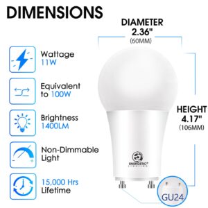 Energetic LED GU24 Light Bulb, A19 Shape 100 Watt Equivalent (11W), 5000K Daylight, 1400 Lumens High Output, Non-Dimmable, 2 Pin LED Light Bulb, ETL Listed, 4 Packs