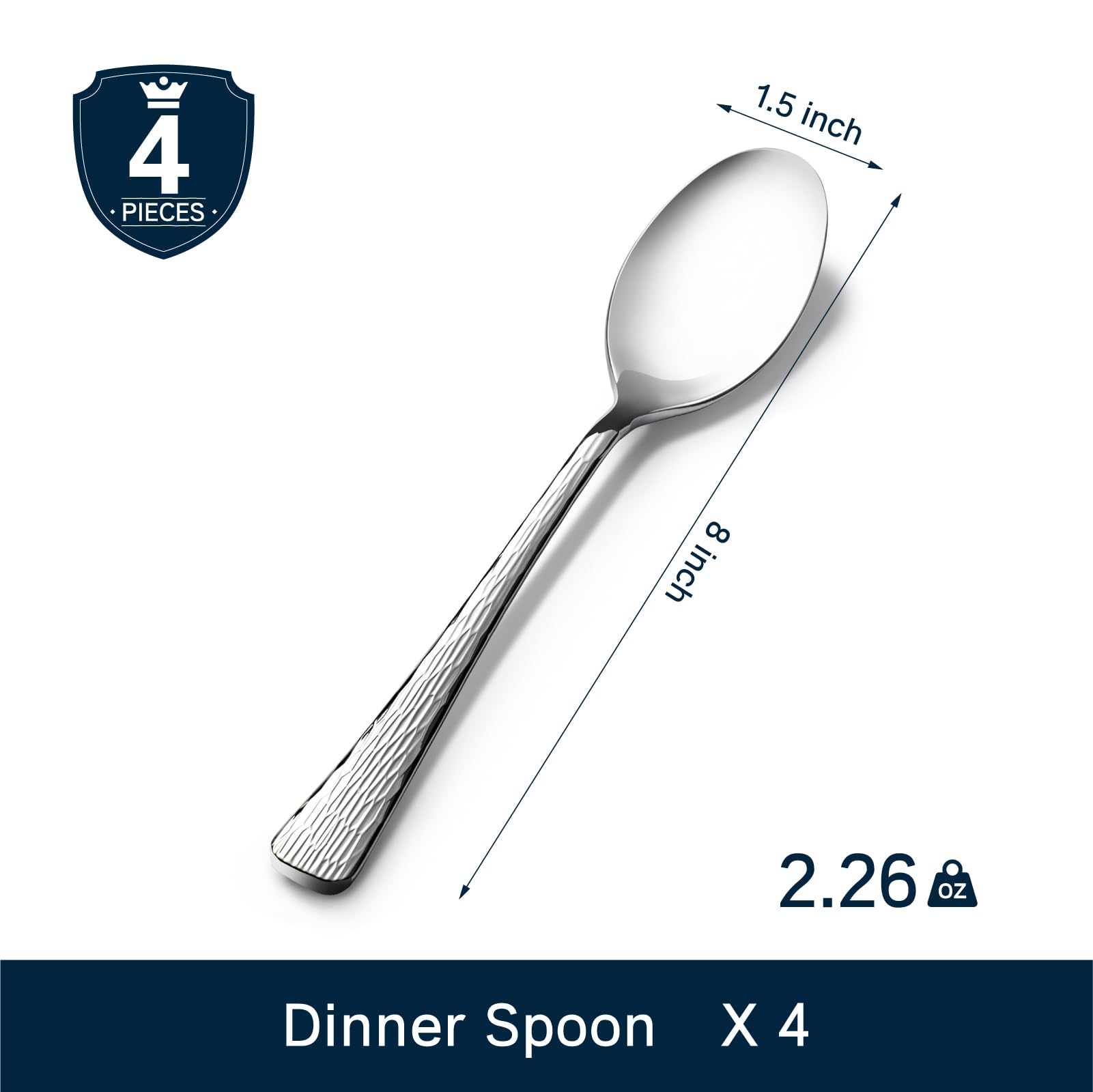 KINGSTONE 4-Piece Dinner Spoons, 18/10 Stainless Steel Soup Spoons Set, 8" Hammered Metal Spoons for Home, Kitchen or Restaurant, Non-toxic & Mirror Polished, Dishwasher(Dinner Spoons Set, 4 PCS)