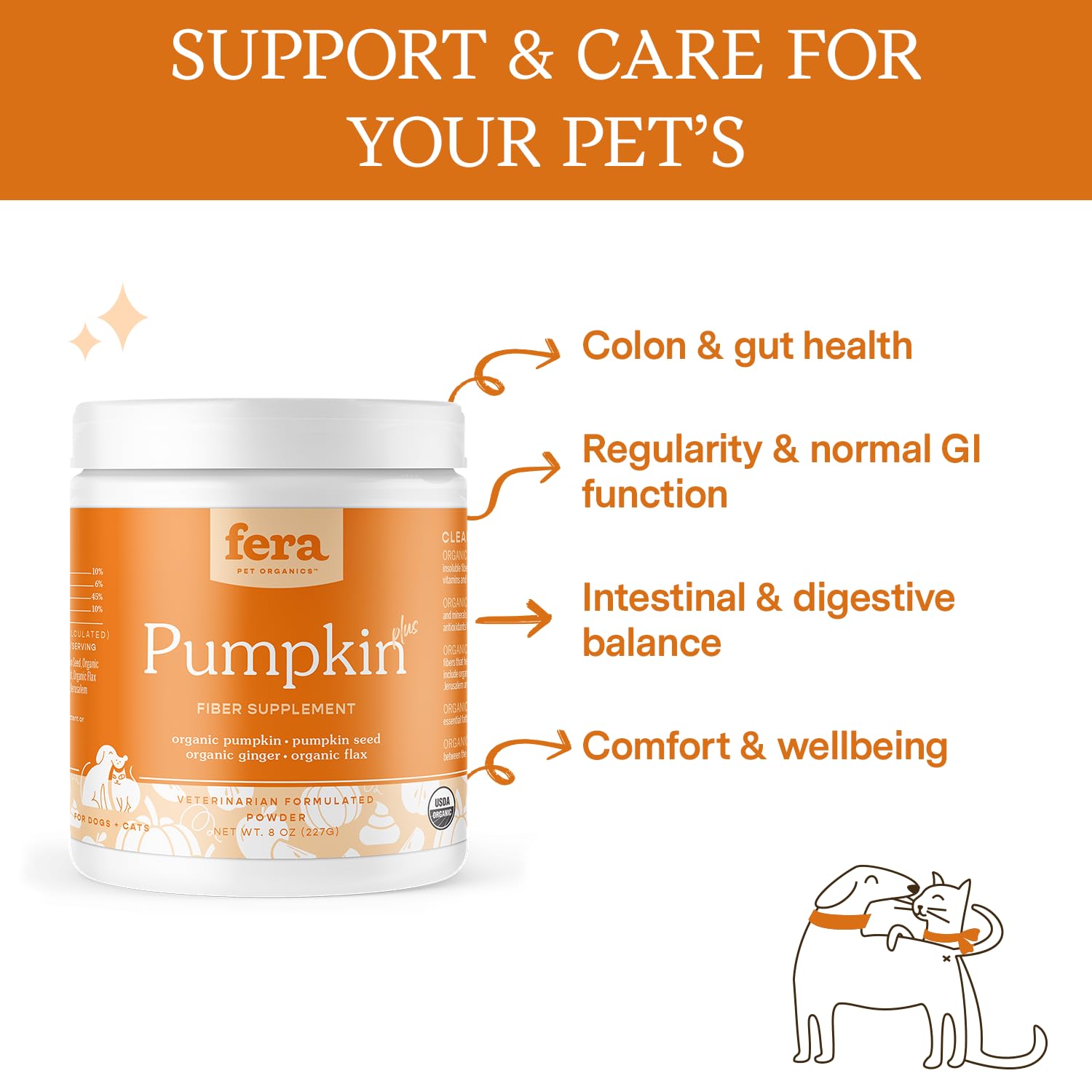 Fera Pet Organics Pumpkin Plus Fiber Supplement for Pets - Vet Created - Dog & Cat Regularity & Gut Function - Organic Pumpkin Seeds, Flax Seeds - 90 Scoops​