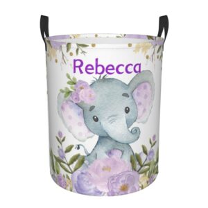 purple floral elephant personalized laundry hamper custom with name collapsible waterproof storage basket with handles for bedroom clothes toys.