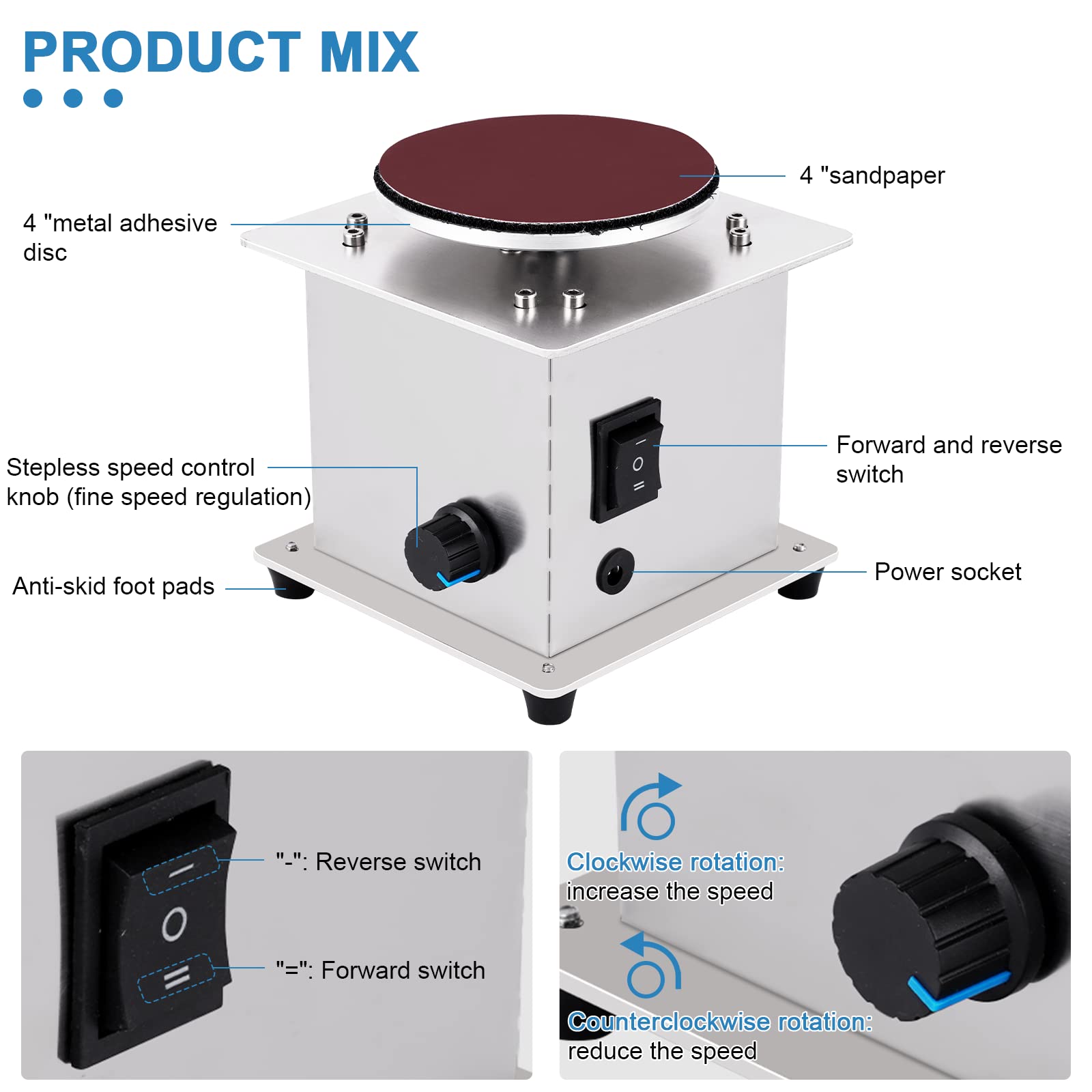 4 Inch Mini Disc Sander with Variable Speed 6000 RPM, Electric Small Hobby Disk Sander with Forward & Reverse Function, Sanding Disc Machine for Woodworking, Metal Working, Stone and Scissors Sanding