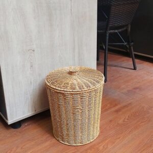 Cabilock 28 * 33.5 Woven Trash Can: Rattan Wastebasket with Lid Bedroom Trash Can Office Garbage Cans Wicker Basket Clothes Hamper Decorative Countertop Basket Straw