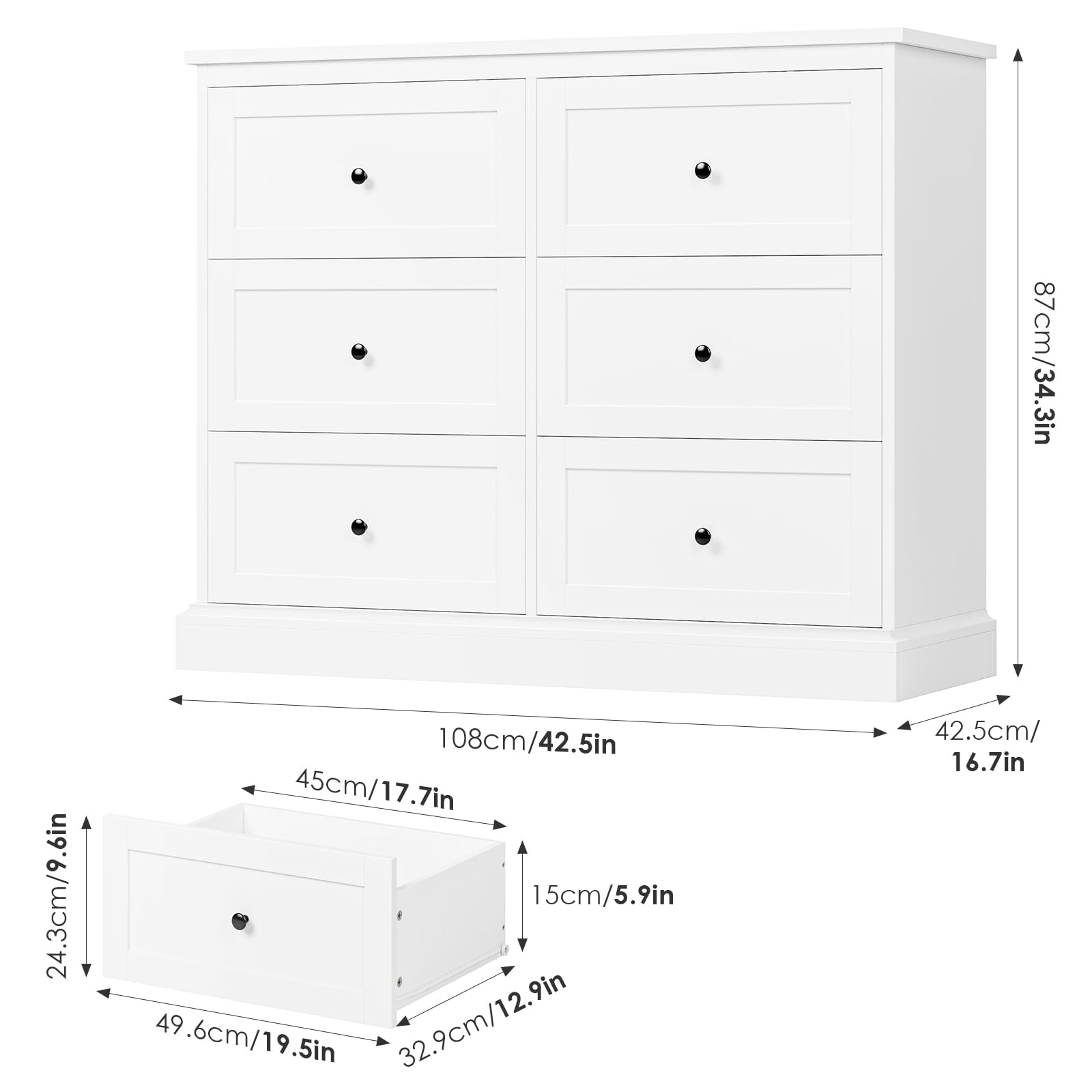 FOTOSOK White Dresser, 6 Drawer Dresser White, Modern Double Chest with Deep Drawers, Wide Storage Organizer Cabinet for Living Room Home