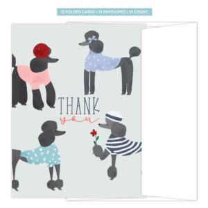 Koko Paper Co Black and Blue Standard Poodles Thank You Cards | 15 Folded Cards and 15 Bright White Envelopes (30 Count Total) | Printed on Heavy Card Stock.