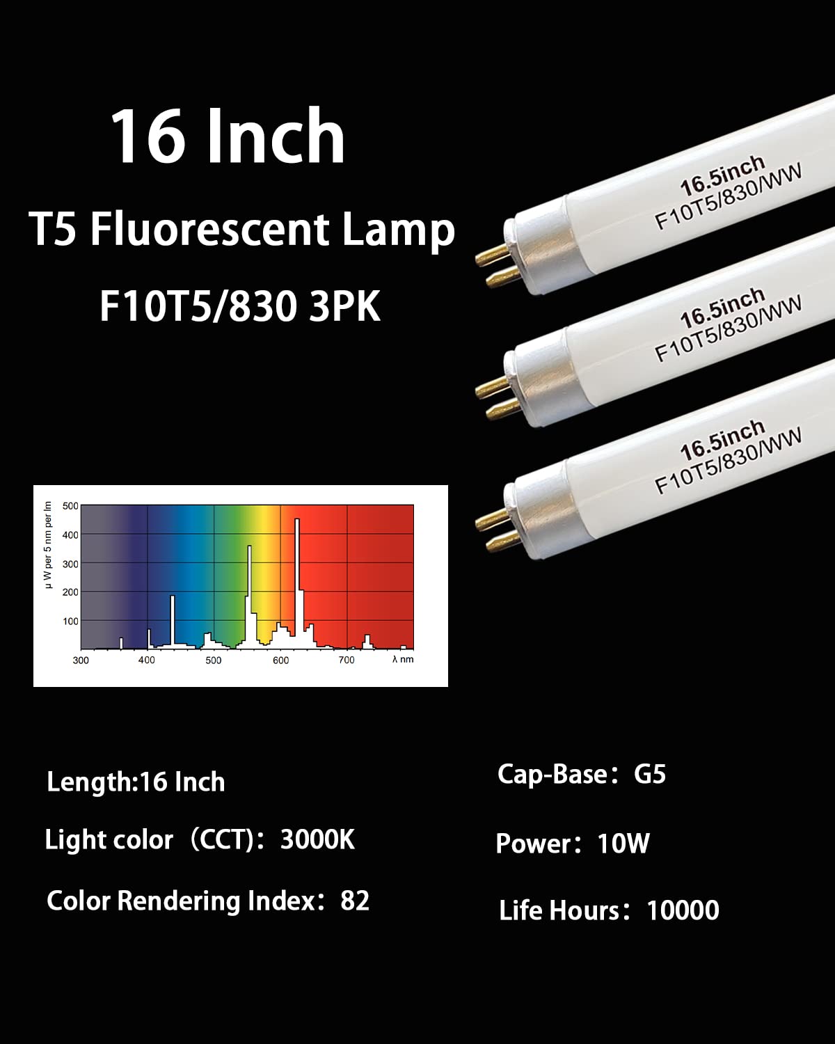 3 Pack 16" F10T5/830/L Fluorescent Light Bulb Replacement for Jasco,Philips,Linear T5 10W 3000K Warm White Bulbs,G5 Miniature Bipin Base