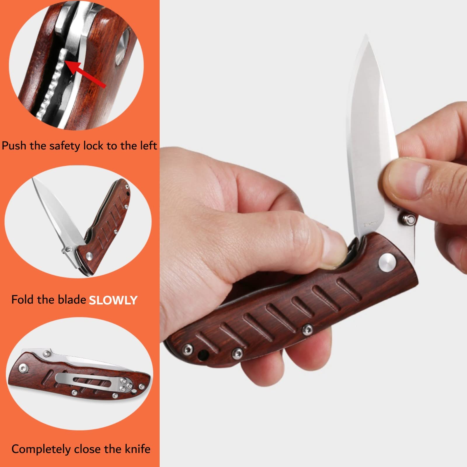 Harita Pocket Knife Folding Knife EDC, Wood Handle Thumb Stub with Pocket Clip, Stainless Steel Blades, 2.76 inch 8Cr13MoV Steel Blade, Foldable Camping Finishing Survival Hunting for Men Women RoseWood Handle