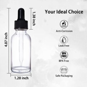 Comrzor 48 Pack 1oz Clear Glass Bottles with Glass Eye Droppers for Essential Oils, Perfumes & Lab Chemicals (Brush, Funnels, 2 Extra Droppers, 54 Pieces Labels & 30ml Measuring Cup Included)