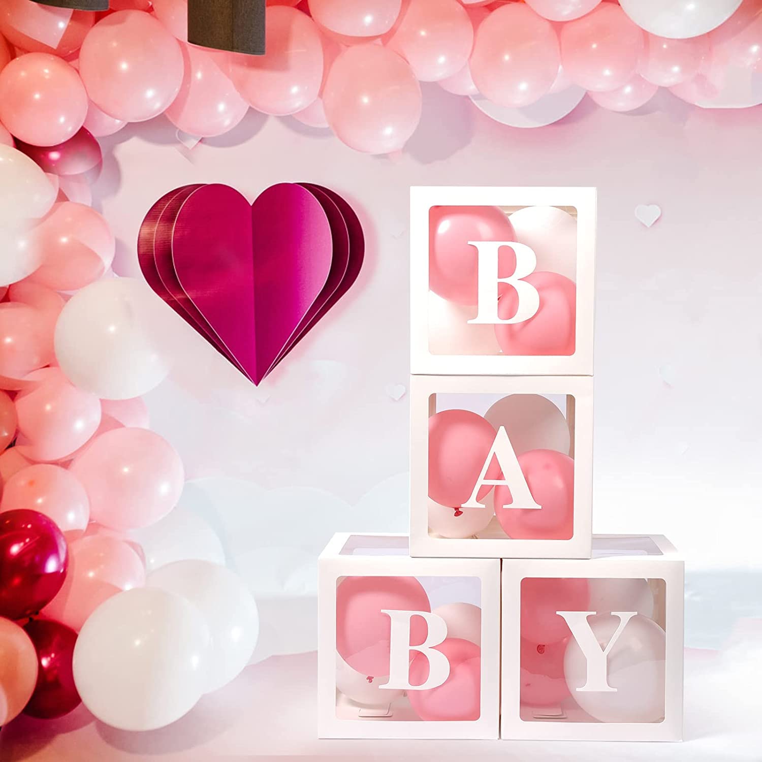 Baby Boxes with Letters for Baby Shower, Gender Reveal Decorations with 4 Transparent Balloon Boxes for Gender Reveal Baby Shower Decorations(White)