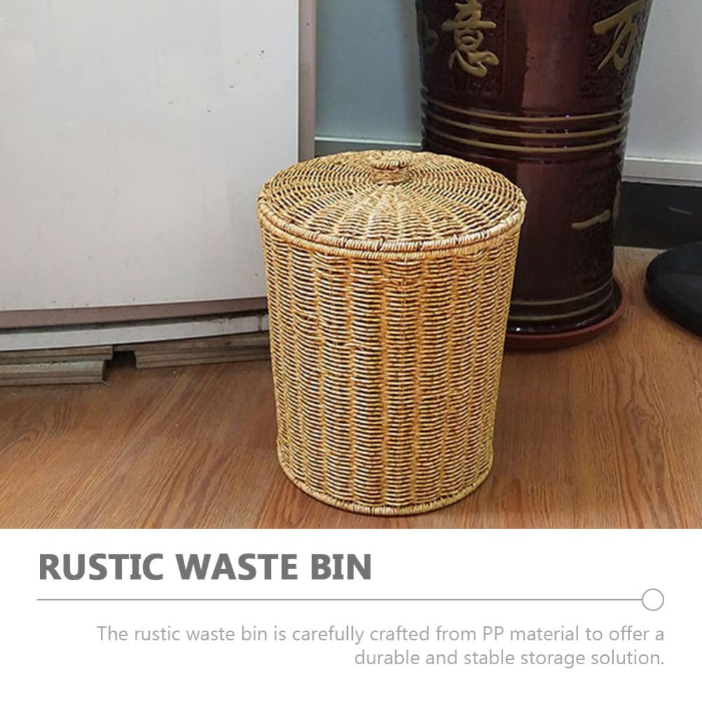 Cabilock 28 * 33.5 Woven Trash Can: Rattan Wastebasket with Lid Bedroom Trash Can Office Garbage Cans Wicker Basket Clothes Hamper Decorative Countertop Basket Straw