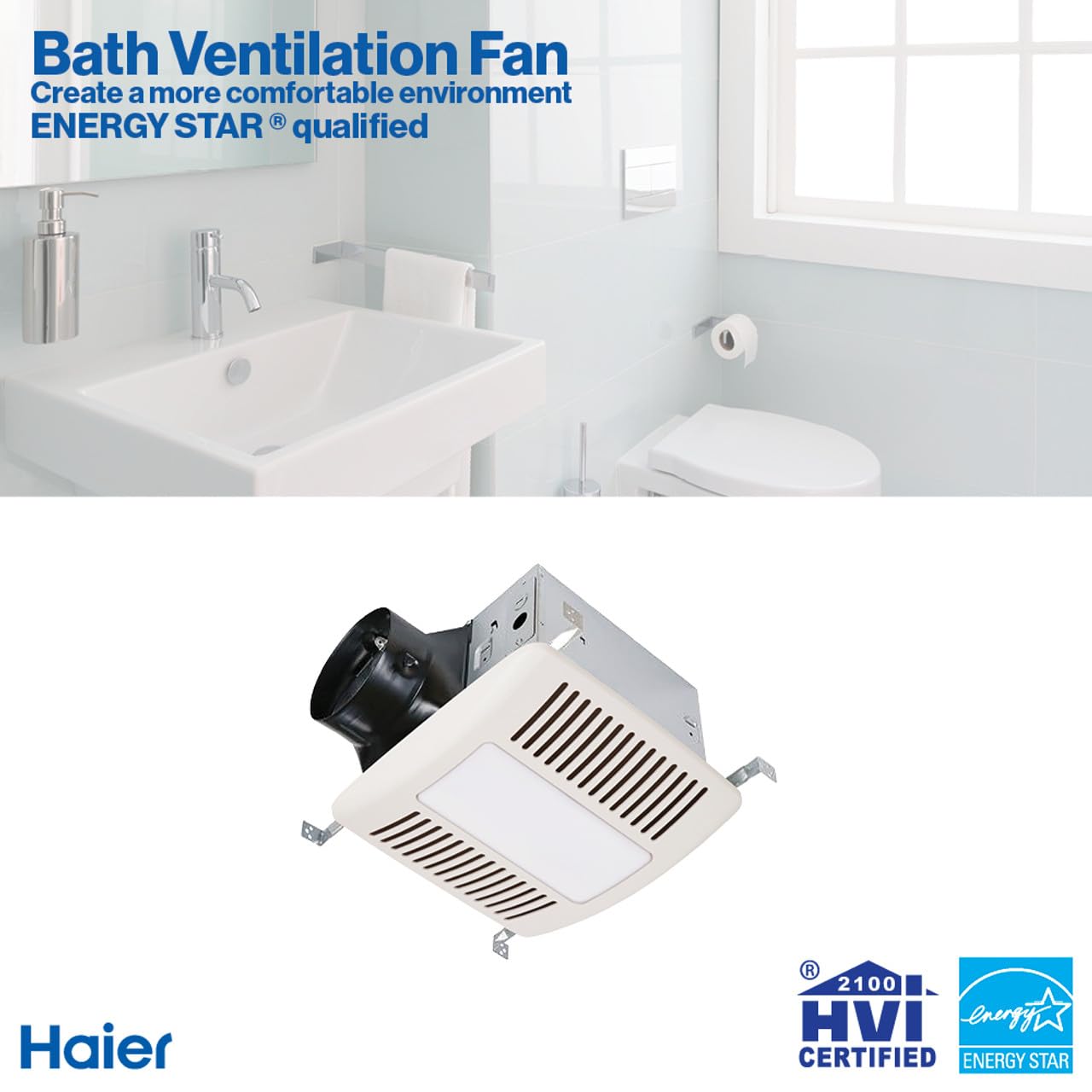 Haier Bathroom Exhaust Fan with 4000K LED Lights, 140 CFM, 10W Bathroom Vent Fan with 3 Speed Exhaust Control, 0.4 Sones Quiet Bathroom Fan for Home, HVI Listed, White