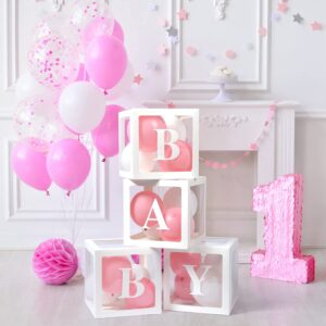 Baby Boxes with Letters for Baby Shower, Gender Reveal Decorations with 4 Transparent Balloon Boxes for Gender Reveal Baby Shower Decorations(White)