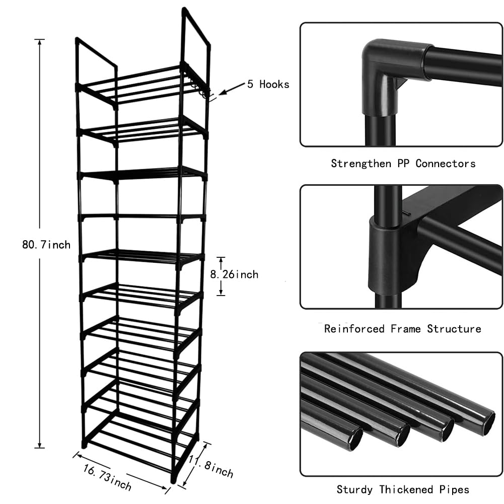 ZILJJ Metal Shoe Rack 10 Tiers Tall Narrow Shoe Rack for Closet Entryway, Space Saving Shoe Shelf Organzier Storage for 20-24 Pairs, Sturdy Stackable Shoe Rack with Hooks