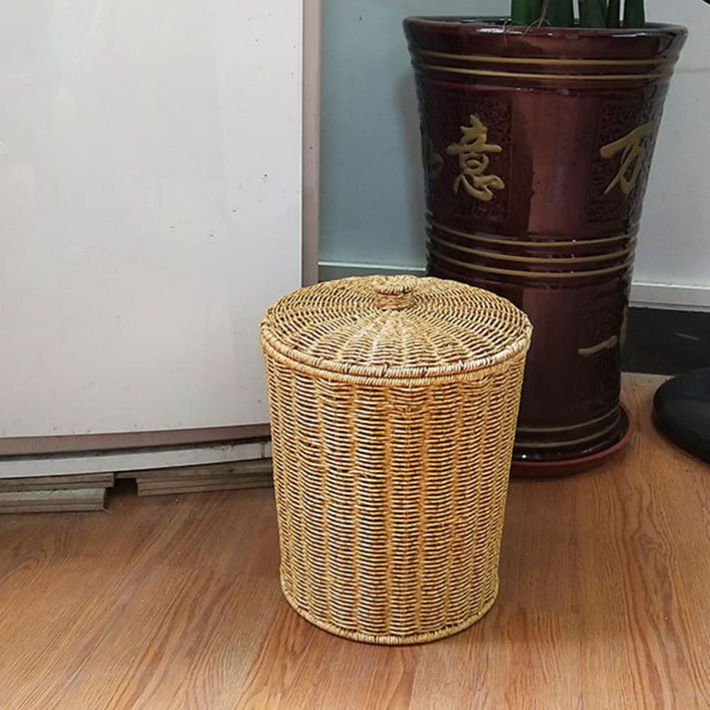 Cabilock 28 * 33.5 Woven Trash Can: Rattan Wastebasket with Lid Bedroom Trash Can Office Garbage Cans Wicker Basket Clothes Hamper Decorative Countertop Basket Straw