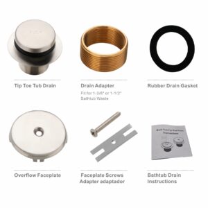 Wellup Tub Drain Tip Toe Bathtub Drain Conversion Kit Assembly, Replacement Bath Drain Trim Kit with Single Hole Overflow Faceplate and Fine/Coarse Thread, Brushed Nickel