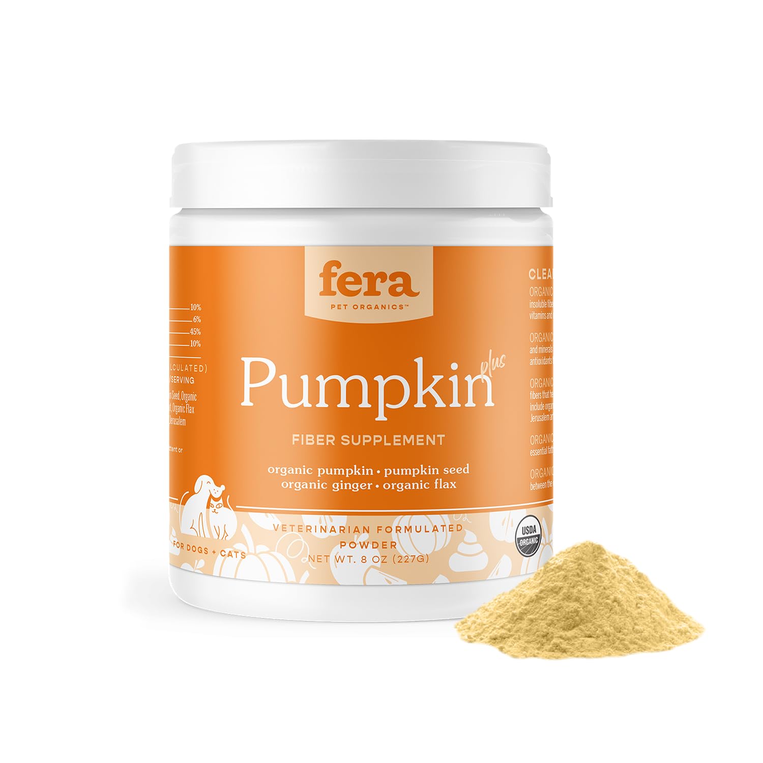 Fera Pet Organics Pumpkin Plus Fiber Supplement for Pets - Vet Created - Dog & Cat Regularity & Gut Function - Organic Pumpkin Seeds, Flax Seeds - 90 Scoops​