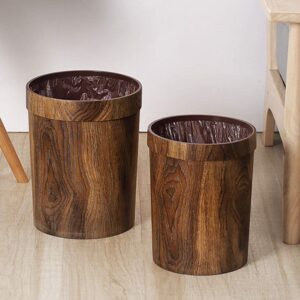 NOLITOY Wooden Trash Can, Round Rubbish Bin Simulation Wood Waste Bins Retro Wastebasket for Bathrooms Kitchen Home Office