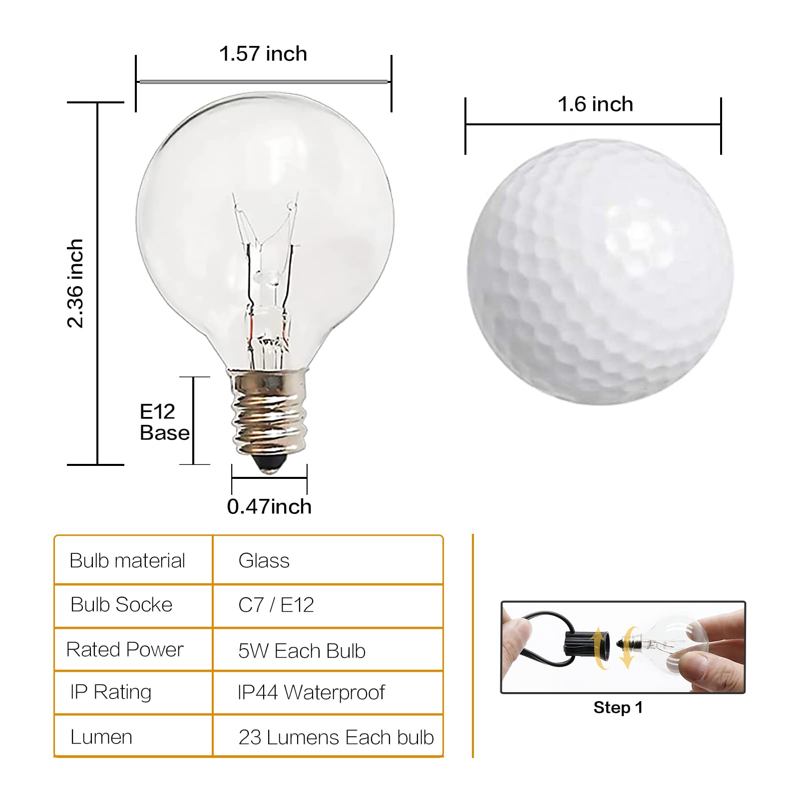 CHYSUPER G40 Light Bulbs Replacement, Clear Globe G40 Bulbs E12 120V 5W, G40 Replacement Bulbs for Outdoor String Lights, 25 Pack (Incandescent Bulbs)