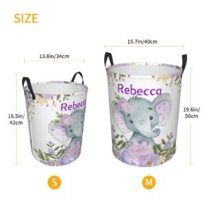 Purple Floral Elephant Personalized Laundry Hamper Custom with Name Collapsible Waterproof Storage Basket with Handles for Bedroom Clothes Toys.